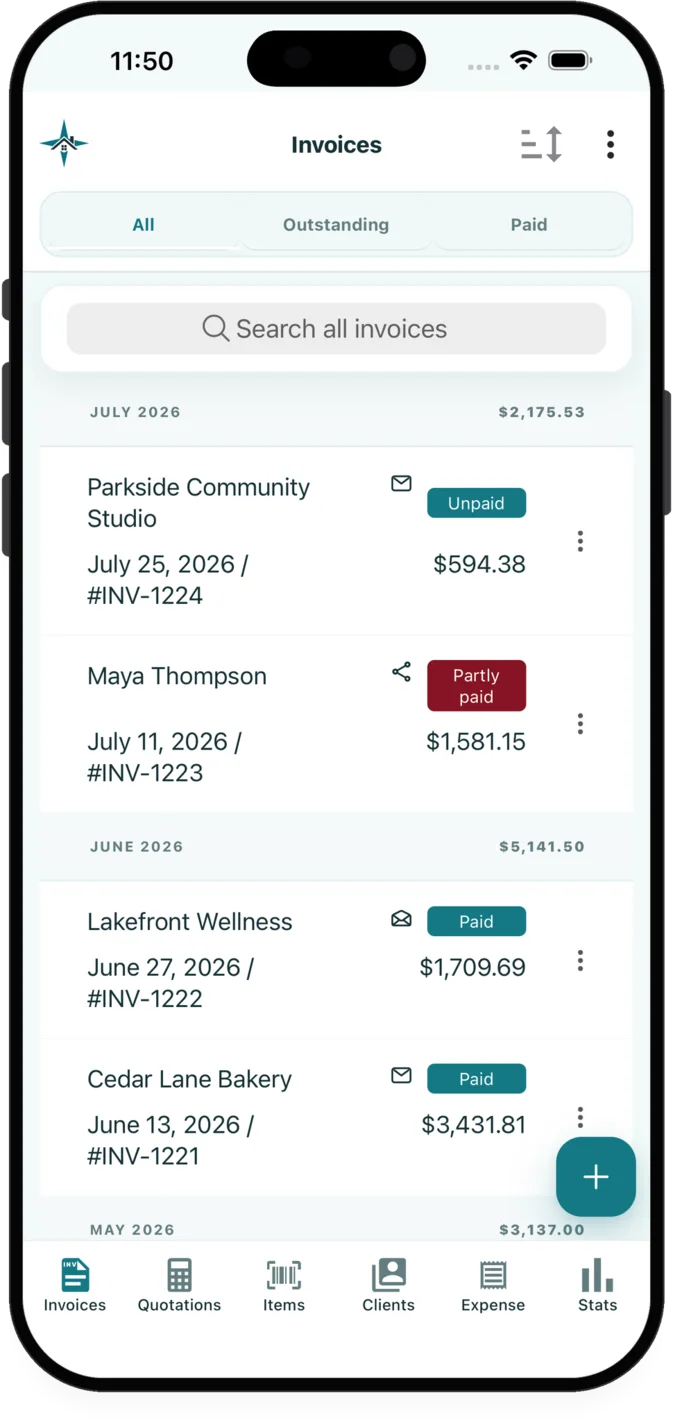 Invoice list with payment-status filters